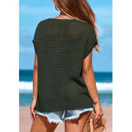 PRETTYGARDEN Womens Spring Tops 2025 Summer Shirts Crochet Cap Sleeve Sweater Pullover Cute Beach Vacation Clothes(Army Green,X-Large)
