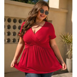 TIANZHU Women's Plus Size Casual Top Stylish Dressy V-Neck Empire Waist Tunic Lightweight Short Sleeve Blouse, Big Red, Size 18-20
