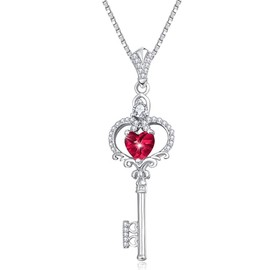 CupidGift Key Necklace for Women 14K 18K White Gold Plated Dainty Heart Birthstone Everyday Necklaces Jewelry Anniversary Christmas Birthday Gifts for Wife Mom (White Gold-07-Jul-Ruby Birthstone)