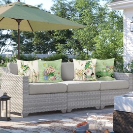 Bonhause Set of 4 Cushion Covers Spring Gnome 45 x 45 cm Flowers Leaves Truck Farmhouse Green Decorative Cushion Covers for Sofa Home Garden Outdoor Spring Decoration