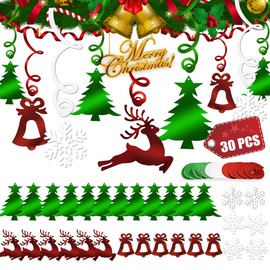 Christmas Hanging Swirl Decorations, 30Pcs Swirl Christmas Ceiling Decorations Hanging Xmas Tree Reindeer Bell Snowflake Decorations, Xmas Hanging Decorations for Winter Holiday Home Party Pendants