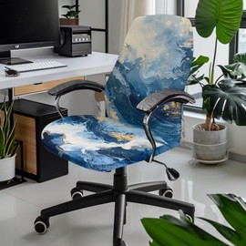 Fiqyvagox Marble Print Blue White Golden All-in-One Office Chair Cover Elastic Breathable Anti-Dust High Back Chair Slipcover Soft Washable Computer Desk Chair Seat Covers, L