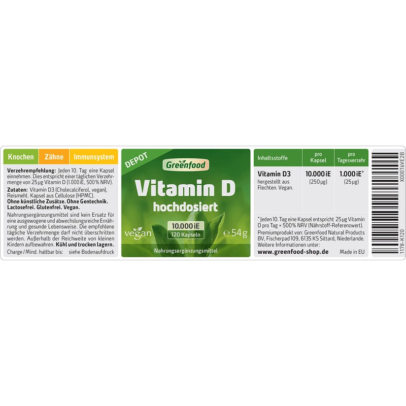 Greenfood - Vitamin D3 Depot - 10000 IU - 120