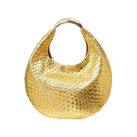 QWINEE Women's Woven Handbag Elegant Clutch Purse Metal Top Handle Cresent Evening Bag Retro PU Leather Clutch Purse, Gold, One Size