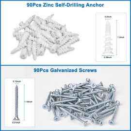 Vmuter Self Drilling Drywall Anchors, 180PCS Heavy Duty Dry Wall Anchors and Screws Kit for Hanging Sheetrock, 90 Self-Tapping Plastic Drywall Hangers 90 Sheet Rock Screws-50 Lbs