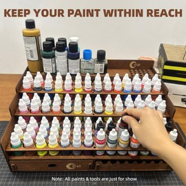 OPHIR Paint Storage, Wooden Paint Organizer with 98 Holes Dia.1.02 Inches, for Miniature Paints Set Storage, Includes Painting Brush Holder with 24 Slots, 1 Drawer, 25 Paintbrush Holes