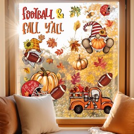 Whaline 6 Sheets Fall Window Clings Fall Football Helmet Pumpkin Gnome Truck Reusable Window Decals for Autumn Sports Game Day Party Supplies Home Classroom Office Decor