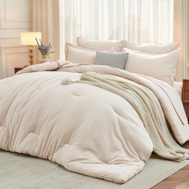 MUXHOMO 5 Pieces Twin XL Comforter Set, Soft Bed in a Bag Twin XL Size, All Season Bedding Set with Comforter, Flat Sheet, Fitted Sheet, Pillowcases & Shams, Beige