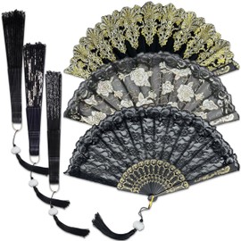 3 Packs Folding Hand Fan, 3 Styles Black Elegant Lace Folding Fan with Tassel, Vintage Style Rave Fan Lace Printing Handheld Hand Fans for Women Costume Tea Party Wedding