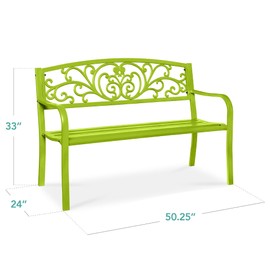 Best Choice Products Outdoor Bench Steel Garden Patio Porch Furniture for Lawn, Park, Deck w/Floral Design Backrest, Slatted Seat - Lime Green