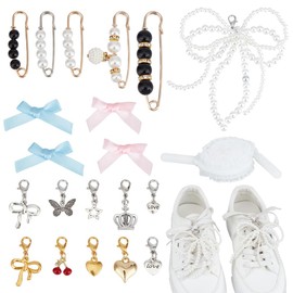 DELORIGIN Pack of 34 Shoe Charms for Trainers Bow Shoelaces Charms Shoe Jewellery Wedding Bow Shoe Clips for Women Party Heels Flats Pumps Craft Bag Clothing Hair, Alloy and polyester