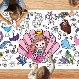 T-Antrix Giant Mermaid Party Coloring Poster, 30 x 72 Inches Jumbo Coloring Banner/Table Cover for School Parties, Birthday Party, Special Events Decoration-Mermaid Party Games for Kids Girls