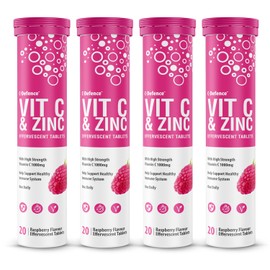 C.Defence Vitamin C 1000mg & Zinc 15mg Raspberry Flavour Effervescent Tablets - High Strength Tablets for a Healthy Immune System (4 Tubes)