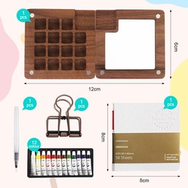 DASIAUTOEM 15 Colours Portable Watercolour Palette - Mini Watercolour Box with Clip, Magnetic Wooden Palette, Foldable Watercolour Paint Set with 8 Grids for Sketching & Travel