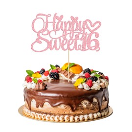 Decoración para tartas de 16 cumpleaños con purpurina para 16 años, decoración para tartas de cumpleaños de 16 años, color rosa