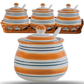 Orkim Kitchen Ceramic Condiment Jars with Lids and Spoons, 3 Piece Porcelain Seasoning Jar Set for Salt Spice Pepper Suger Bowl, Coffee Tea Container Pot with Serving Tray - Orange Round