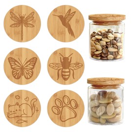 CRASPIRE Yogurt Jar Bamboo Wood Lids Fit 2" Bee Paw Cat Butterfly Canning Reusable Natural Wooden Decorative Caps with Airtight Sealing Silicone Rings 6Pc Bottle Round Flat Covers Set for Food Storage