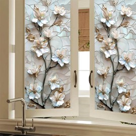 BlissYard Magnolia Flower Window Film Floral Window Privacy Film Glass Privacy Decals Living Room Sun Blocking Decor Removable Static Cling Stickers 17.71x39.97 inch