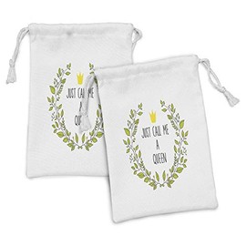 Ambesonne Queen Fabric Pouch Set of 2, Wreath Branches with Lettering Just Call Me Queen Little Crown, Small Drawstring Bag for Toiletries Masks and Favors, 9" x 6", Grey Apple Green