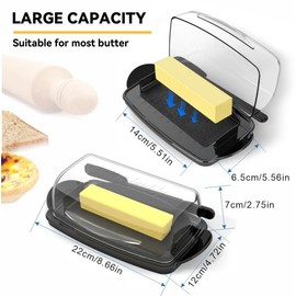 Butter Dishes with Lid for Countertop Refrigerator, Plastic Butter Dish Clear Flip Top Lid Butter Container with Spreader, Non-Slip Bottom Butter Holder Keeper (Transparent Cover Black)