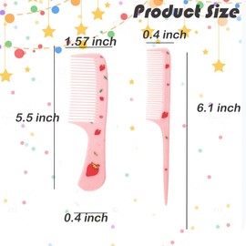 Small Cute Hair Comb,2 Piece Mini Hair Comb Set Fine Tooth Rat Tail Comb Portable Anti-Static Plastic Hairdressing Comb Gift For Wet And Dry (Pink Strawberry)