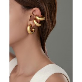 VQYSKO 2 PCS Ear Cuffs Earrings For Women | Non Piercing 14K Real Gold Cuff Clip On Cartilage Hoop Earring | Hollow Lightweight Earrings Trendy Thick Gold Jewelry (Gold)