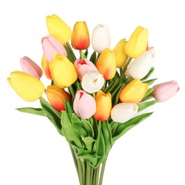 20 Pcs Multicolor Tulips Artificial Flowers Fake Tulip Stems Real Touch PU Tulips for Spring Wreath Wedding Bouquet Home Centerpiece Floral Arrangement Table Décor