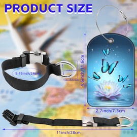 2 Pack Luggage Tag and Add a Bag Luggage Strap Jacket Gripper for Suitcase, Butterflies Waterlily Leather Suitcase Tag with Privacy Name ID Label and Stainless Steel Loop for Travel Bag Suitcase
