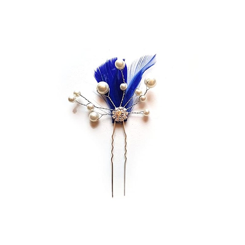 Bridal Bridesmaid Feather Hair Grip Prong, Royal Blue Feathers and
