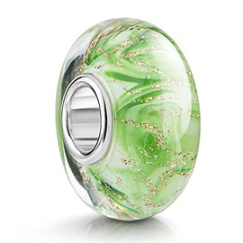MATERIA by Matthias Wagner Glass Bead Green White Gold Glitter Element for Bracelet 1613, Sterling Silver Glass, Glass