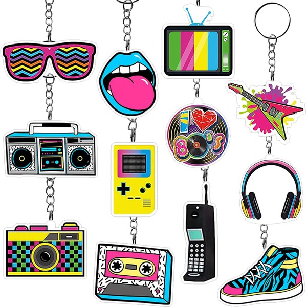 Generic 12Pcs 80s Party Favors Keyrings, Music Themed Keychains, 80s