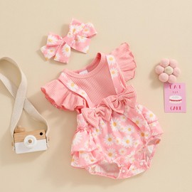 Afunbaby Baby Girl Clothes 3 6 9 12 18 Months Newborn Ruffle Butt Onesie Romper Daisy Overalls Jumpsuit Summer Outfit (Pink, 12-18 Months)