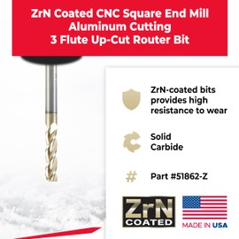 Amana Tool 51862-Z CNC Square End Mill Aluminum Cutting 1/8 D x 1/2 CH x 1/8 SHK x 1-1/2 Inch Long x 3 Flute SC ZrN Coated Up-Cut Router Bit