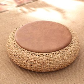 Yfybed Straw Flat Seat Cushion, Round Woven Floor Pillow Natural Seat Cushion Boho Handmade Tatami Straw Mat for Meditation, Zen, Yoga Practice or Buddha (Light Brown, 23.6‘’)
