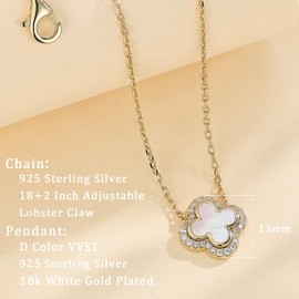 SweetJew Four Leaf Clover Pendant 925 Sterling Silver Necklaces for Women Pave 28 Round Moissanite Stone and Mother of Pearl Gift for Her 18 Inch White Chain