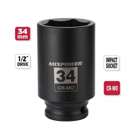 MIXPOWER 1/2" Drive Deep Impact Socket, CR-MO, 34 mm, METRIC, 6 Point, Axle Nut Impact Grade Socket for Easy Removal