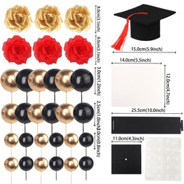 32 Stück 2025 Abschluss Kuchen Deko Class of 2025 Graduierung Tortendeko Abschlusskappe Diplom Kugeln Blume Gratulation Grad Kuchendekorationen für Abschluss Thema Party Kuchen Dekoration Schwarz Rot