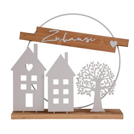 UNUS Stand Decorative Sign Home, Bamboo and Metal, White, Filigree Design with Houses and Tree, Year-Round Decoration for Living Room and Entrance Area