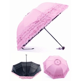 URAWESO Pink Lace Parasol UV Protection Sun Travel Umbrella for Gothic Lolita Kawaii Cosplay Wedding (Flower Printed Lining)