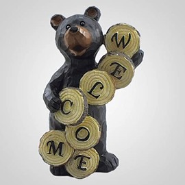 Lipco 19450 Welcome Bear FigLipco Welcome Bear Figurine Cute Faux Wood-Carved Bear Holding Welcome Sign with Tree Slice Design, Rustic Cabin Lodge Home Decor, 3.5" x 6"Urine