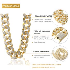 Halukakah Men's Gold Chain Iced Out, 20 mm Men's Cuban Chain Miami 18 Carat Real Gold-Plated / Platinum Plated White Gold Collar Necklace Bracelet, Full CZ Diamond Prong Set, Gift for Him, Metal, No