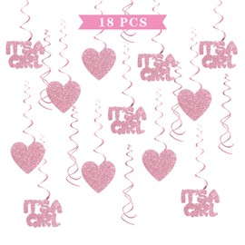 Maicaiffe It's a Girl Hanging Swirl Decorations - Glitter 18 Pcs Gender Reveal Party Supplies - Baby Shower Streamers - Welcome Baby Girl 1st Birthday Party Foil Swirls Ceiling Decorations