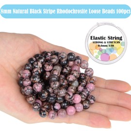 8mm 100pcs Natural Pink Black Rhodonite Gemstone Round Loose Beads for Jewelry Making with Crystal Stretch Cord