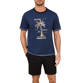 Terecey Men's Offset Print Contrast Color Short Sleeve Shorts Sleep Set, navy blue