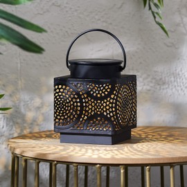 Lights4fun 12 cm Patterned LED Solar Lantern Taza Black Metal Lantern Warm White Solar Lamps for Outdoor Garden Decoration Balcony