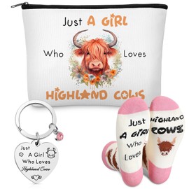 Xuniea Xuniea 3 Pcs Higland Cow Gift Set for Women Cow Lover Highland Keyring Highland Cattle Makeup Bag Cotton Socks Just a Girl Who Loves Gifts Cute Animal Themed Party Supplies