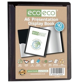 eco-eco A6 Size 50 Percent Recycled 40 Pocket Black Presentation Display Book, Storage Case Portfolio Art Folder with Plastic Sleeves, eco200