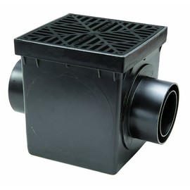 NDS Square Catch Basin Drain Kit with 2-Opening Catch Basin With 2 Outlet Adapters, & 1 Outlet Plug, 9 in., Black Plastic Grate