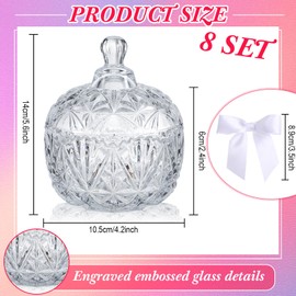 Mimorou 8 Pcs Glass Candy Jar with Lids and Bows Crystal Decorative Candy Dish with Satin Ribbon Mini Bows Covered snack Bowl Cute Jewelry Box Cookie Snack Jar for Home Wedding Decor Gift(White)