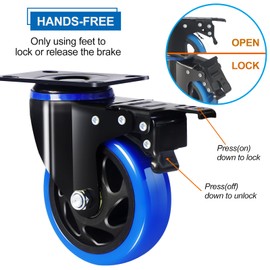 4 Inch Caster Wheels 2200lbs, Hands-Free A/B Brake Locking Casters, Heavy Duty Casters Set of 4, Silent Polyurethane Plate Castor Wheels for Cart, Furniture, Workbench(2 Hardware Kits Included)